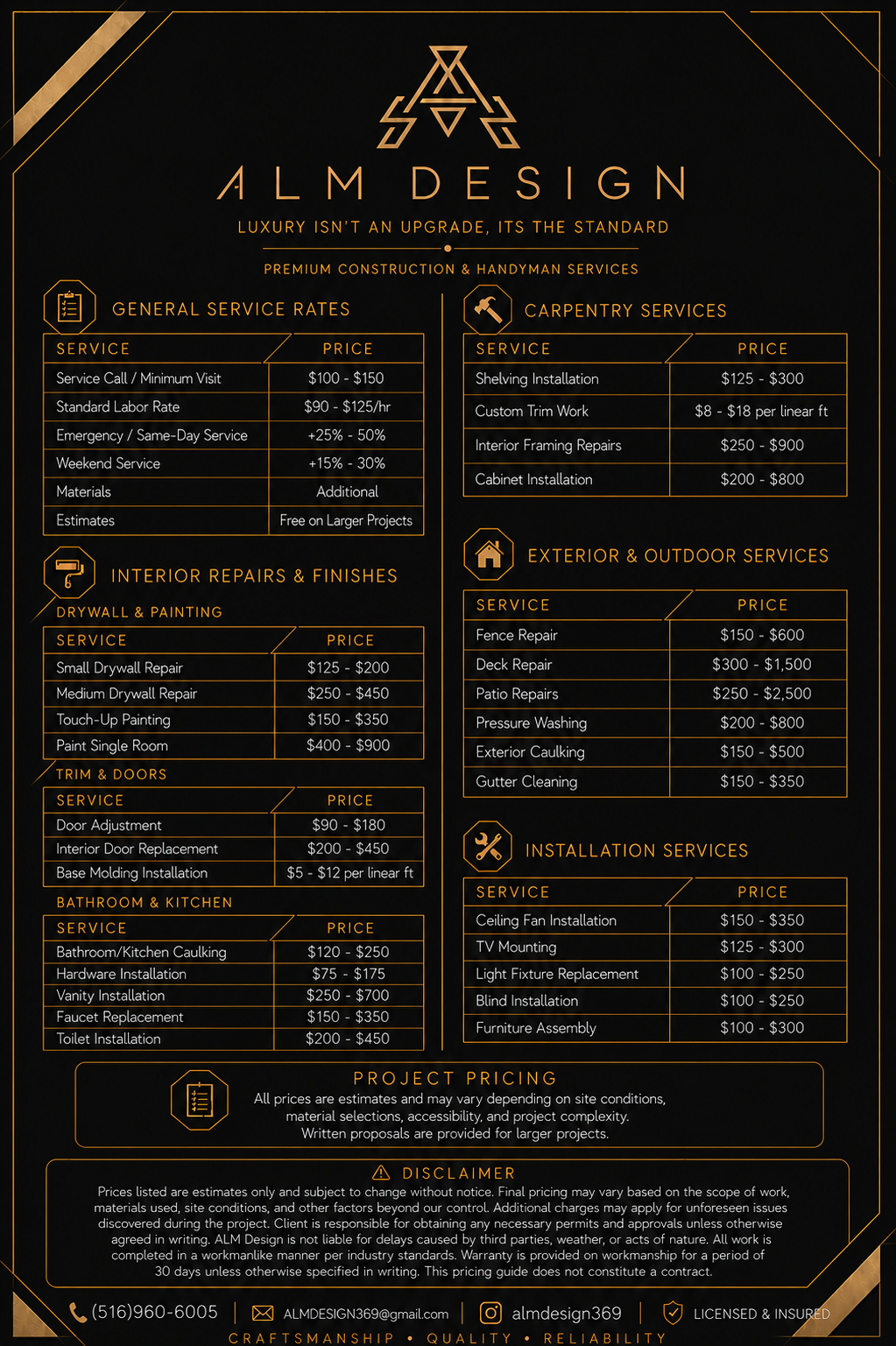ALM DESIGN handyman service price list