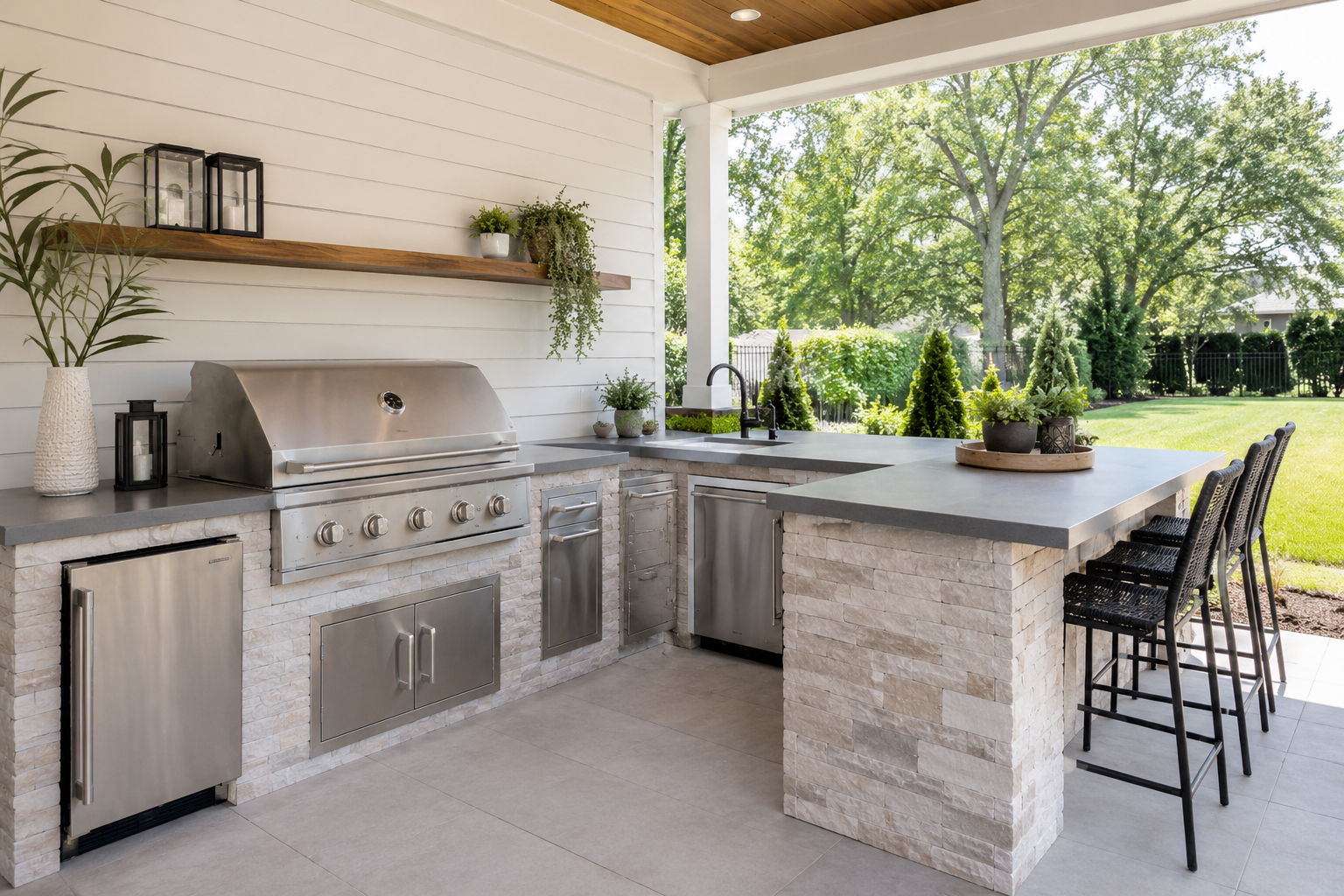 Luxury outdoor kitchen with stone counters and covered patio